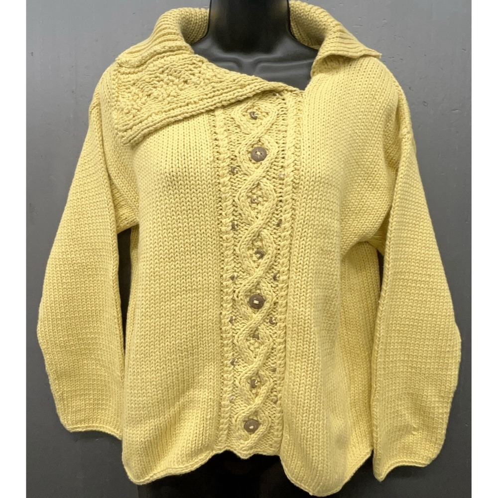 Pure Handknit Sweater M/L Maize Yellow Cotton Cable Coastal Quiet Luxury New